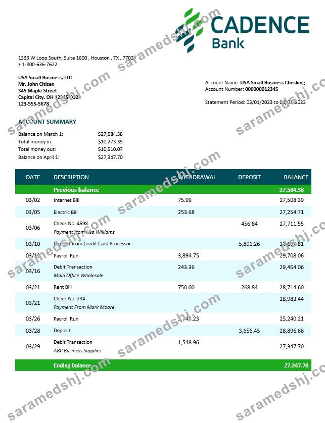 Cadence Bank corporate checking account statement Word and PDF template